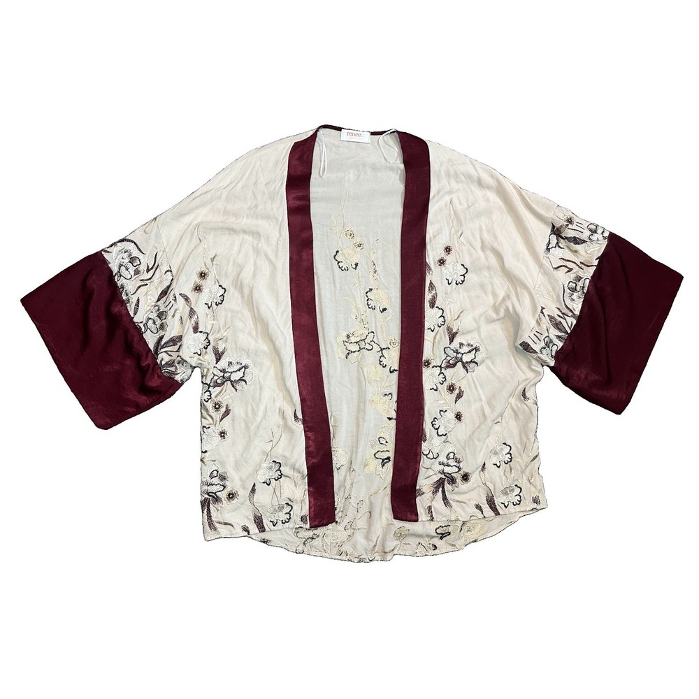 Renee C. Women's SMALL Biege Burgundy Embroidered Floral Kimono Boho Oversized
